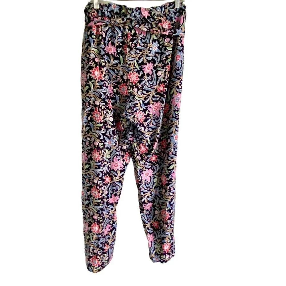 Purple & More Floral Print Paperbag Wide Leg Pants with Pockets Women's Large